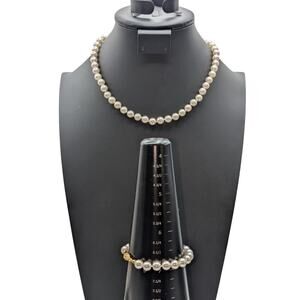 Vintage Glass Pearl Gold Tone Clasp 18" Necklace & Bracelet Set